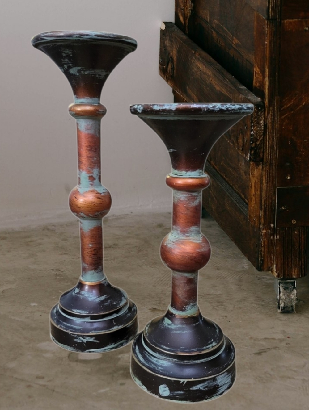 Southern Living Renaissance Candlestick Pair Copper and Patina Metal